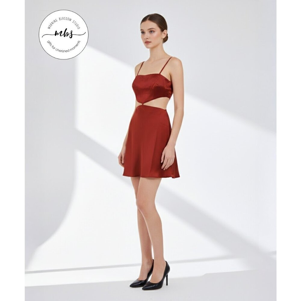 NWOT Sky To Moon‎ Satin Sleeveless Cut Out Unlined Mini Dress Brown Women